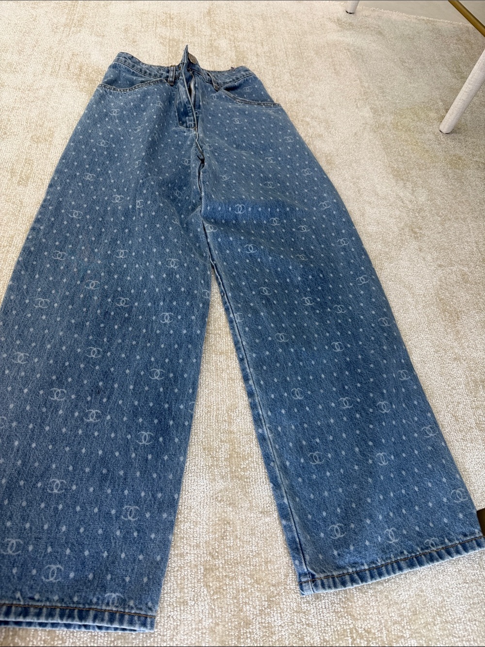 High-Rise Wide-Leg Denim Jeans in Blue with Monogram Detail